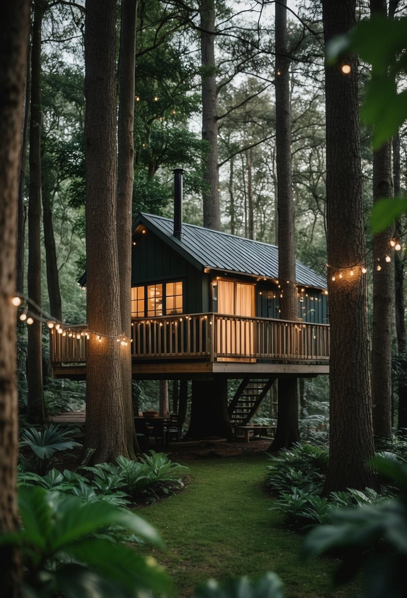 A lush forest surrounds a cozy treehouse nestled among tall trees, with twinkling lights and a rustic, intimate atmosphere