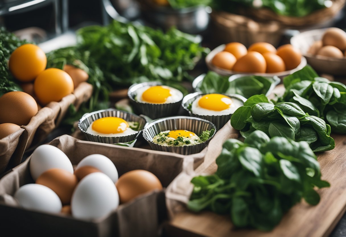 A rustic farmers market stall with a variety of fresh vegetables, eggs, and herbs. A chef is preparing keto egg muffins with spinach in the background