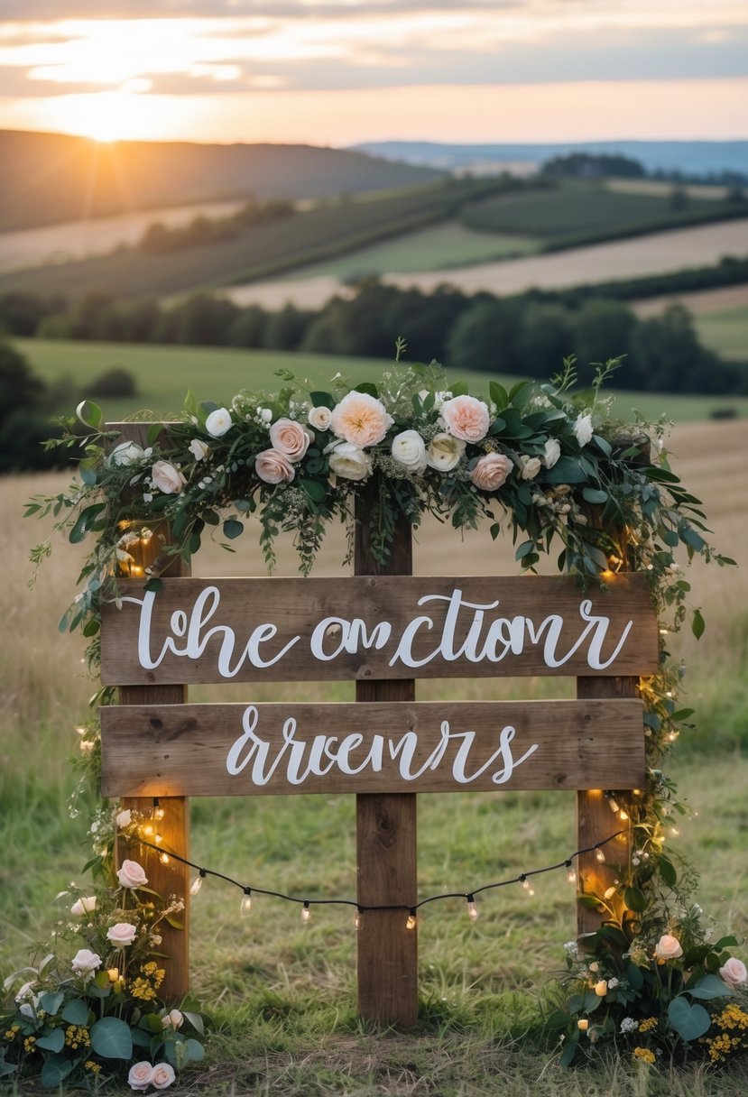 A rustic wooden sign adorned with flowers and greenery, surrounded by twinkling fairy lights and set against a backdrop of rolling hills and a setting sun