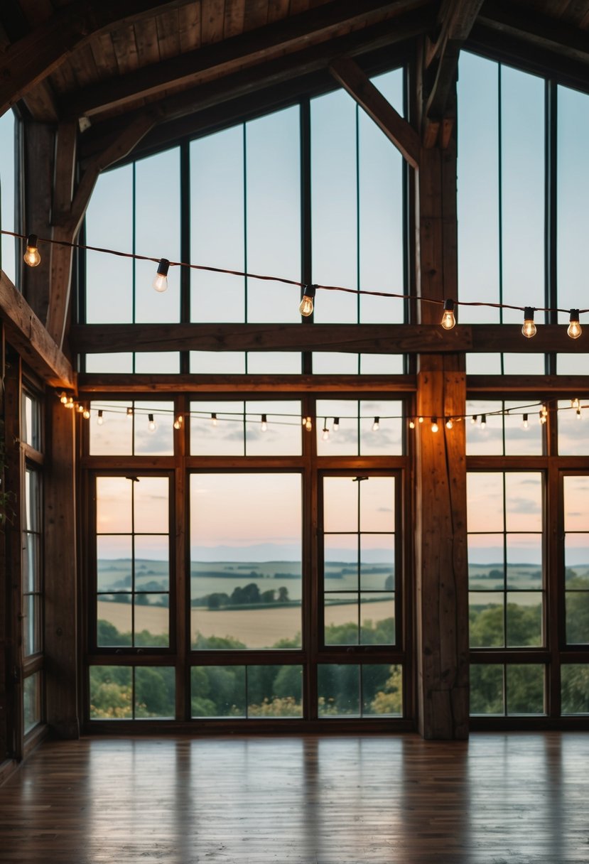 A rustic loft with exposed beams, string lights, and large windows overlooking a scenic countryside