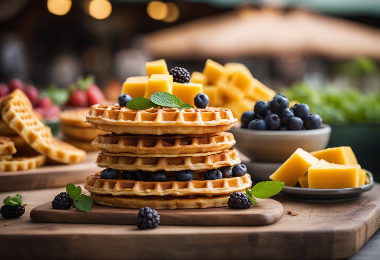 A rustic farmers market stall displays a variety of keto-friendly breakfast items, including a stack of golden chaffles (cheese waffles) with fresh berries on top