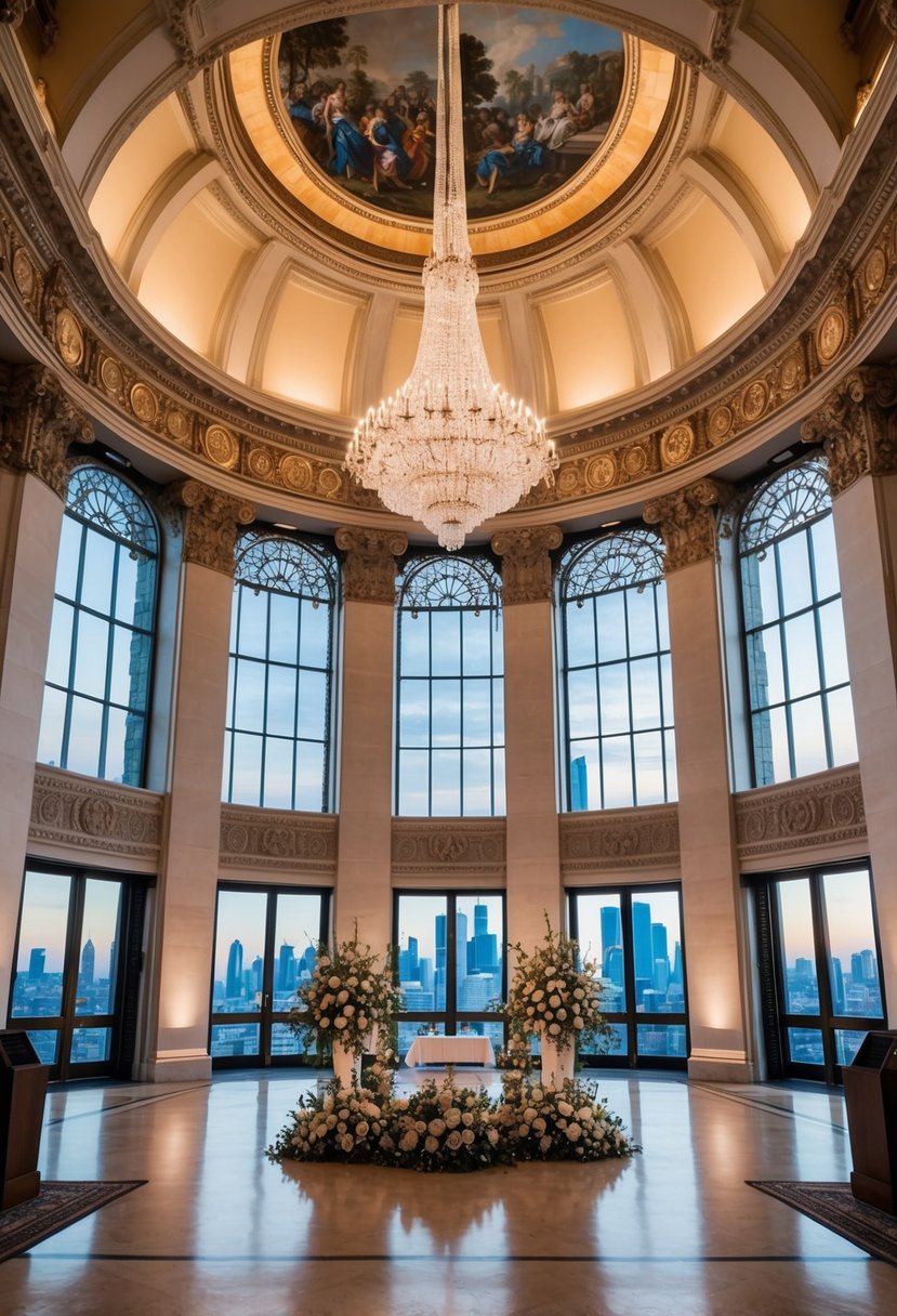 A grand hall with towering ceilings and ornate artwork, filled with elegant decor and floral arrangements, overlooking the city skyline through expansive windows