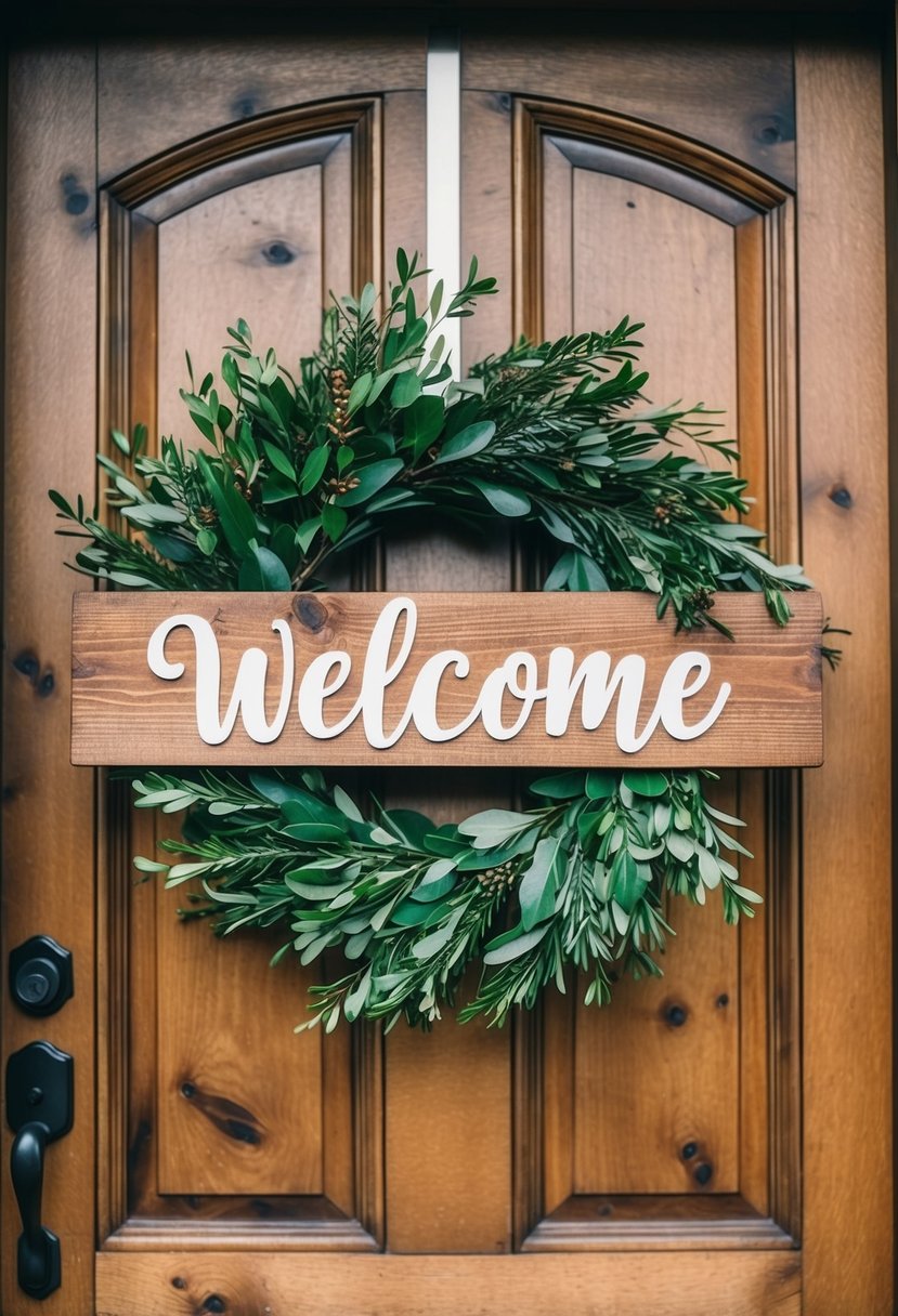 A wooden welcome sign adorned with a lush greenery wreath hanging on a rustic door