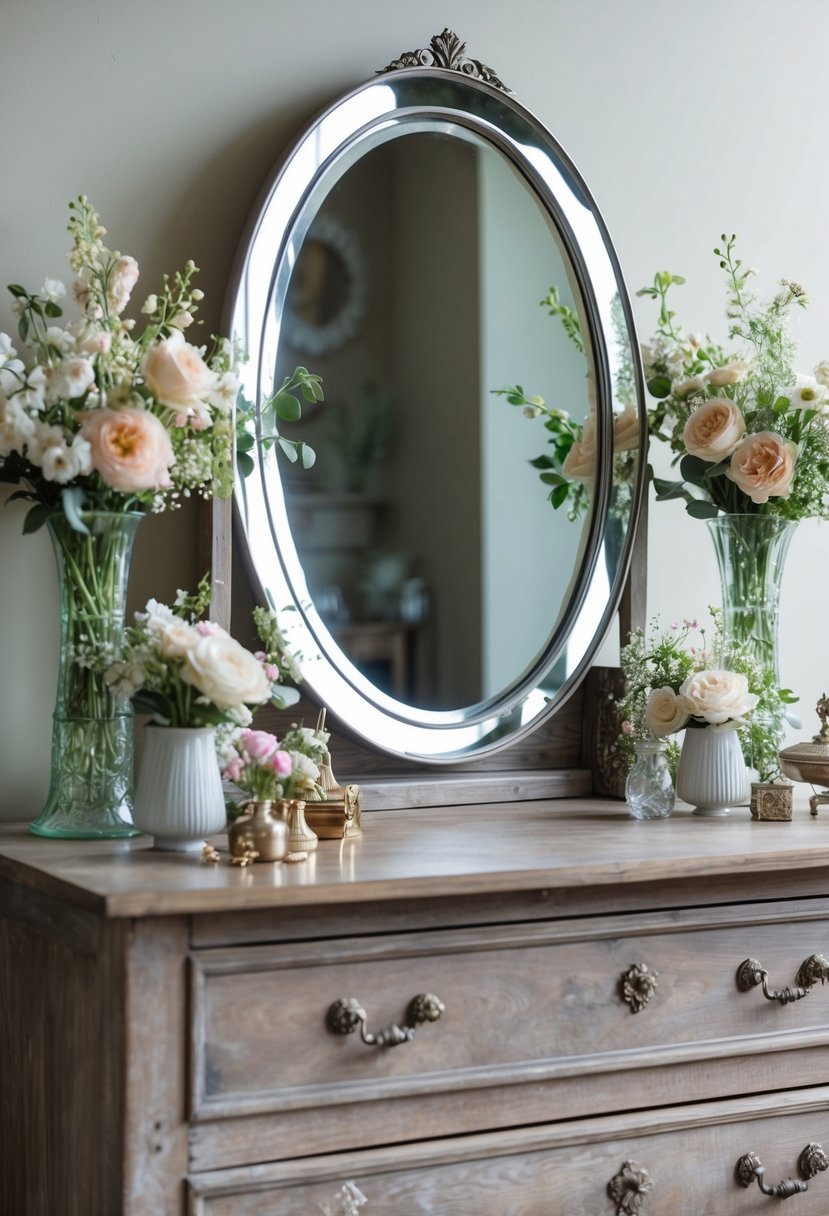 A gleaming Primrose Mirror sits atop a rustic wooden dresser, surrounded by delicate floral arrangements and vintage trinkets