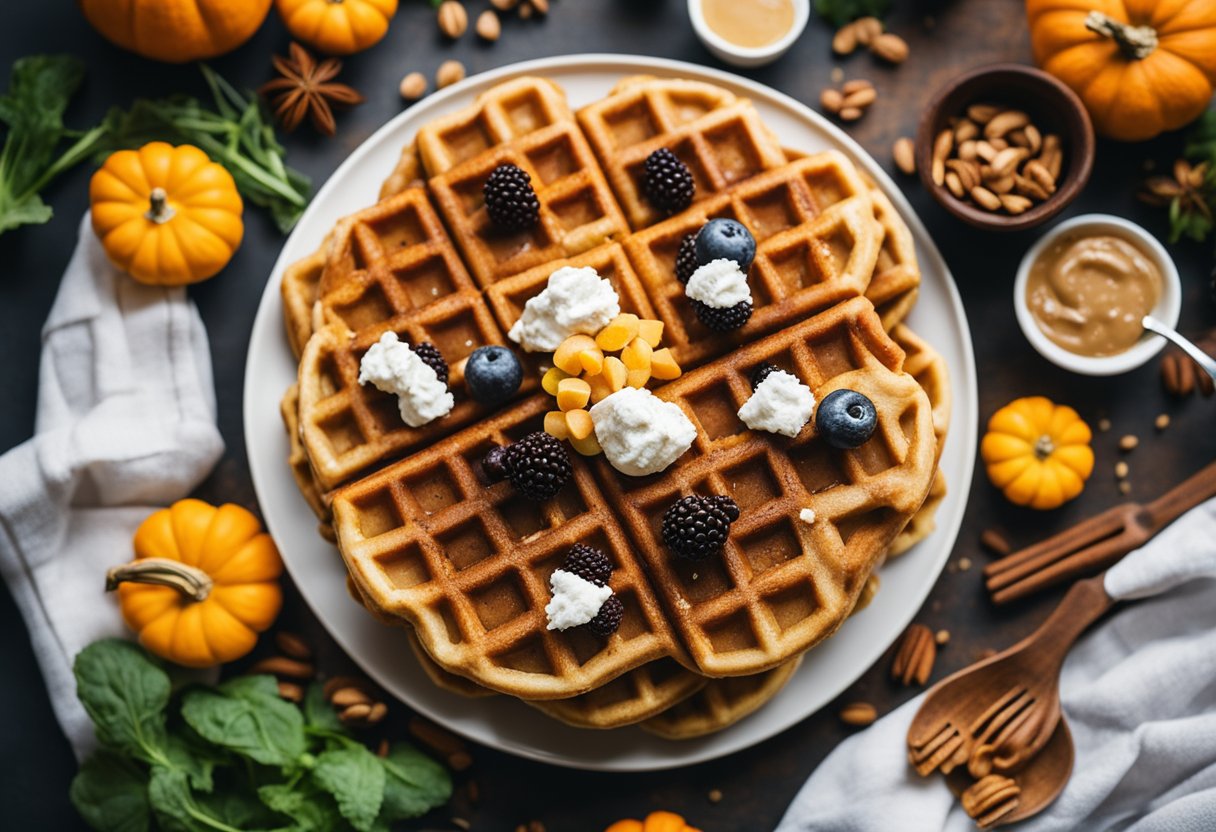 A plate of keto pumpkin spice waffles surrounded by fresh produce at a bustling farmers market