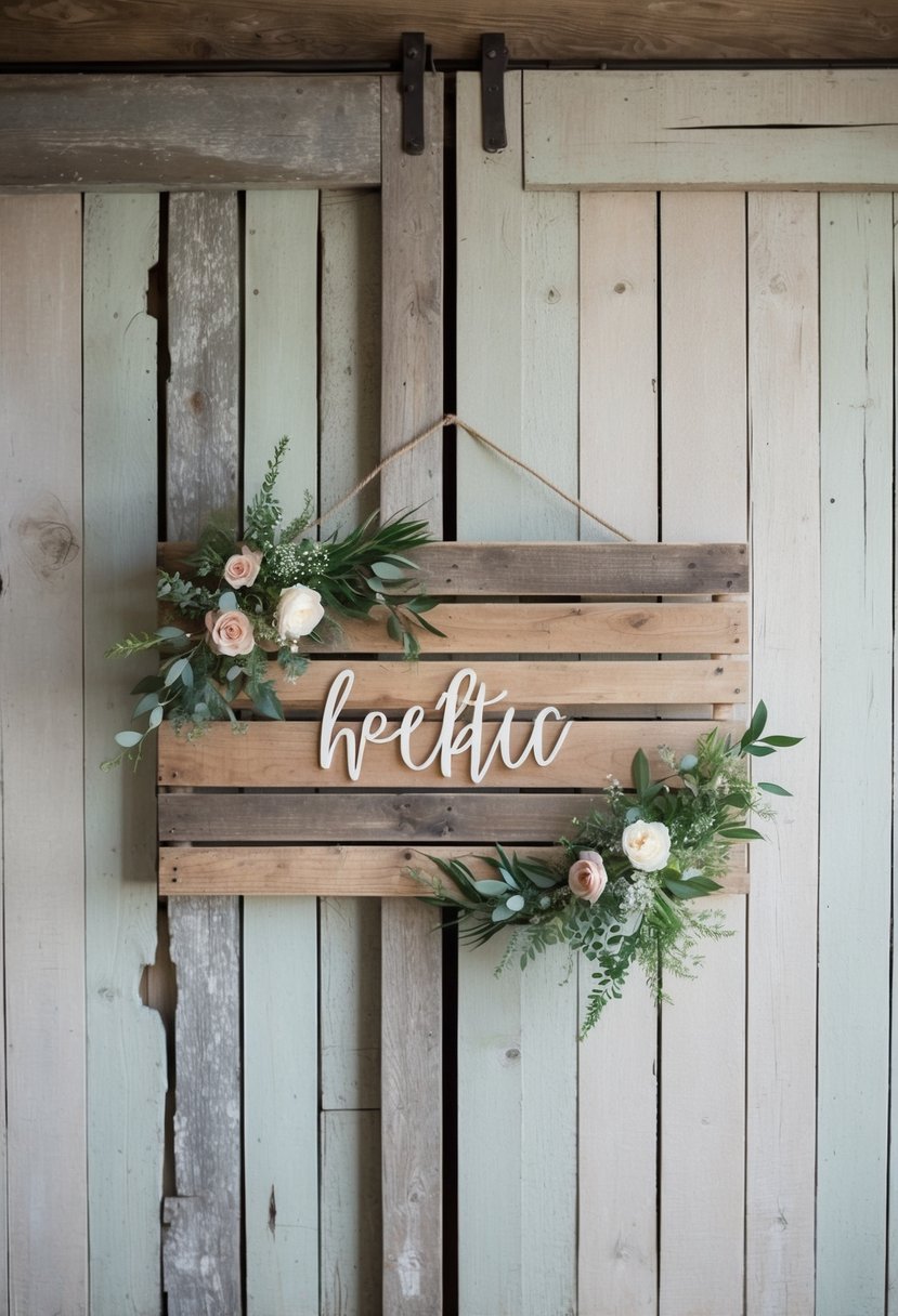 A rustic pallet wood sign hanging on a weathered barn wall, adorned with delicate greenery and soft florals