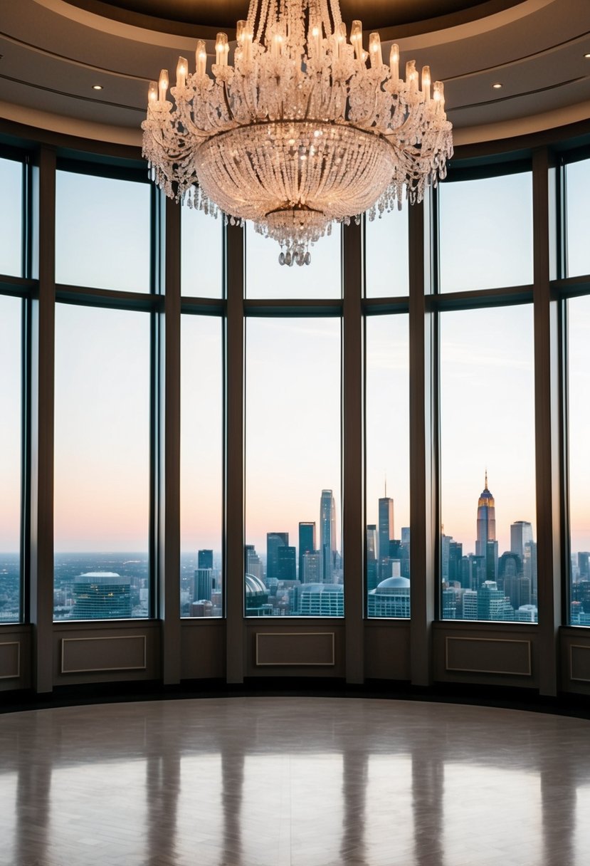 A grand ballroom with elegant chandeliers and floor-to-ceiling windows overlooking the city skyline