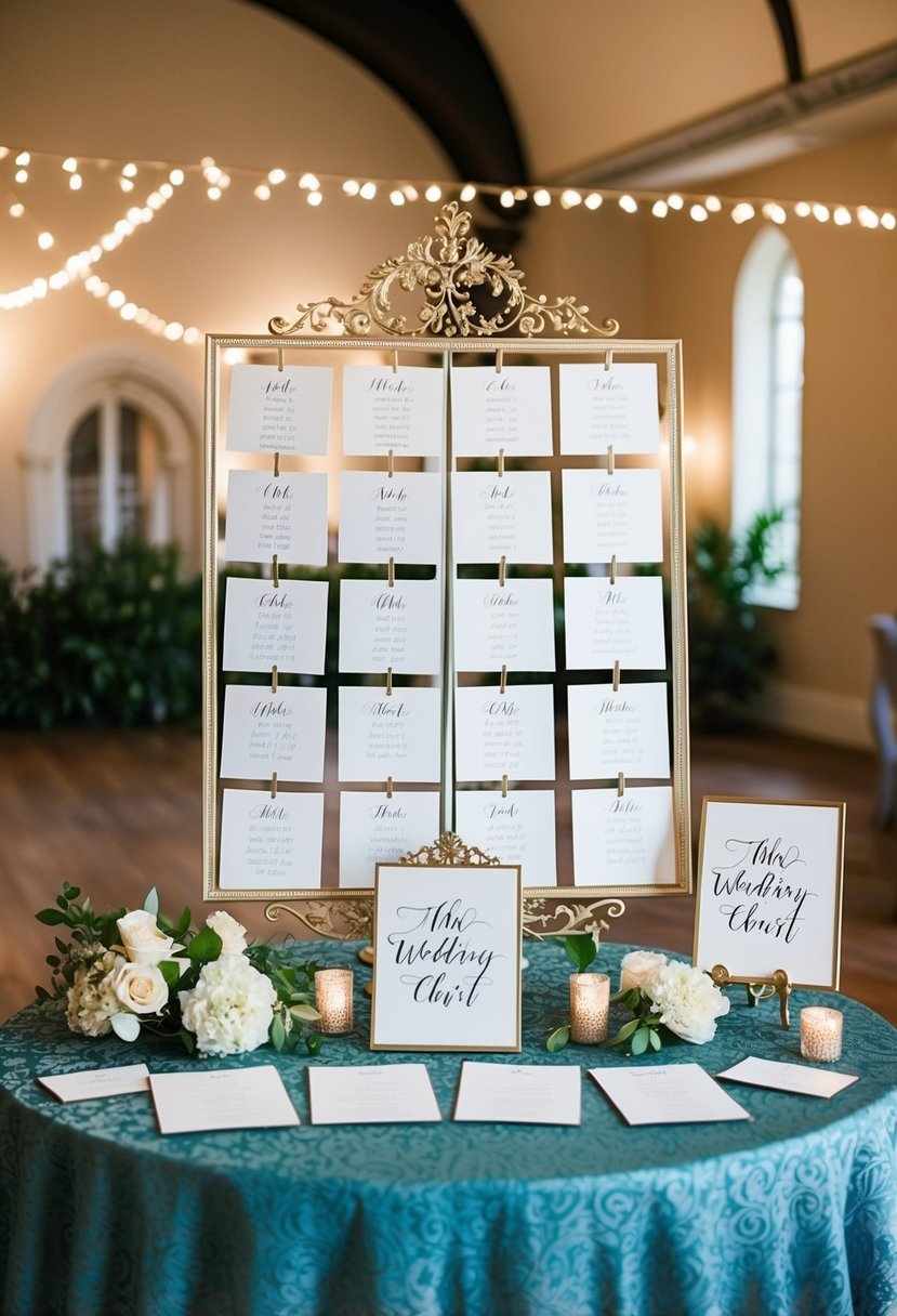 A beautifully arranged seating chart with elegant calligraphy wedding sign ideas displayed on a decorative table