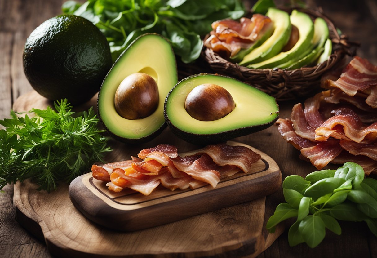 A rustic wooden table set with a colorful array of fresh avocados, crispy bacon, vibrant greens, and assorted farmers market produce