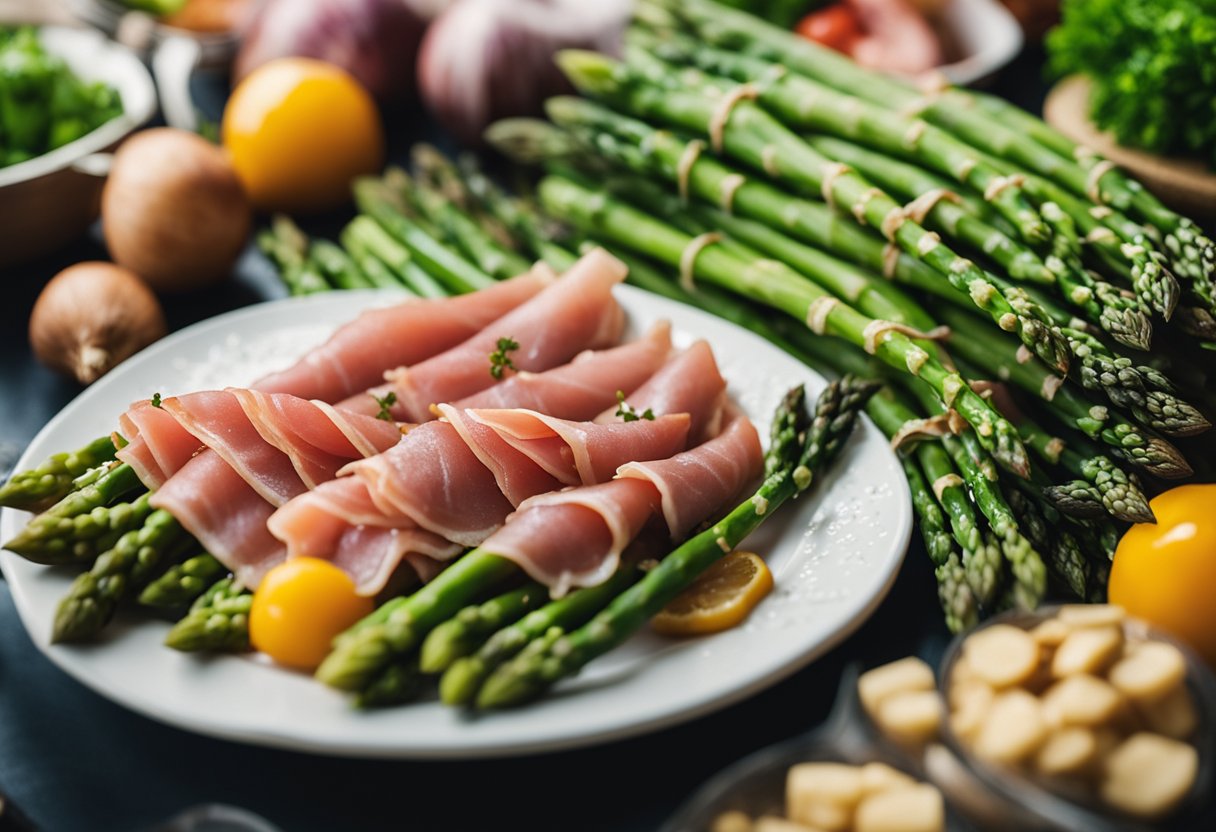 A plate of prosciutto-wrapped asparagus surrounded by fresh produce at a bustling farmers market