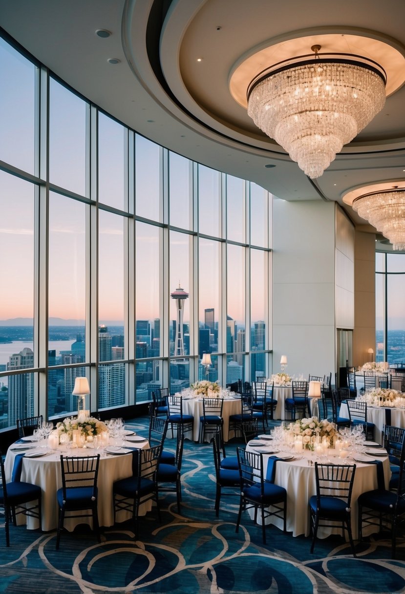 A grand ballroom with panoramic city views and elegant decor, perfect for a World Trade Center Seattle wedding venue illustration