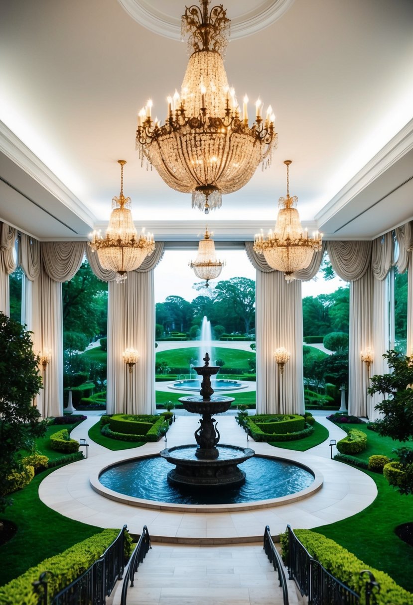 A grand ballroom with ornate chandeliers and elegant drapery, overlooking a lush garden with a fountain and winding pathways