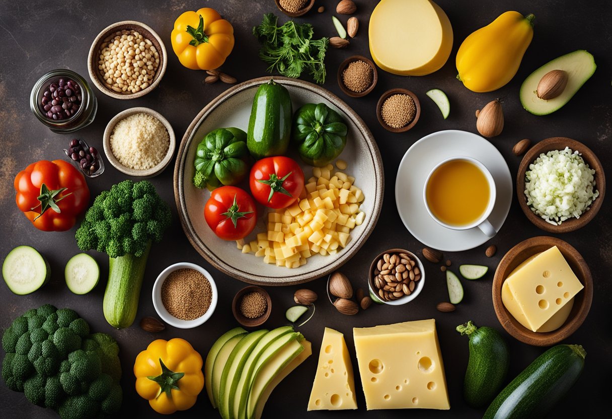 A rustic kitchen table set with a colorful array of fresh zucchinis, cheese, and other keto-friendly breakfast ingredients