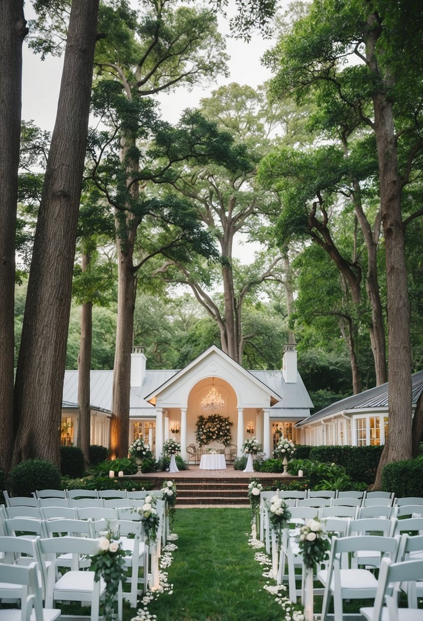 A picturesque wedding venue nestled among tall trees and lush greenery, with a charming white hall and elegant outdoor ceremony space