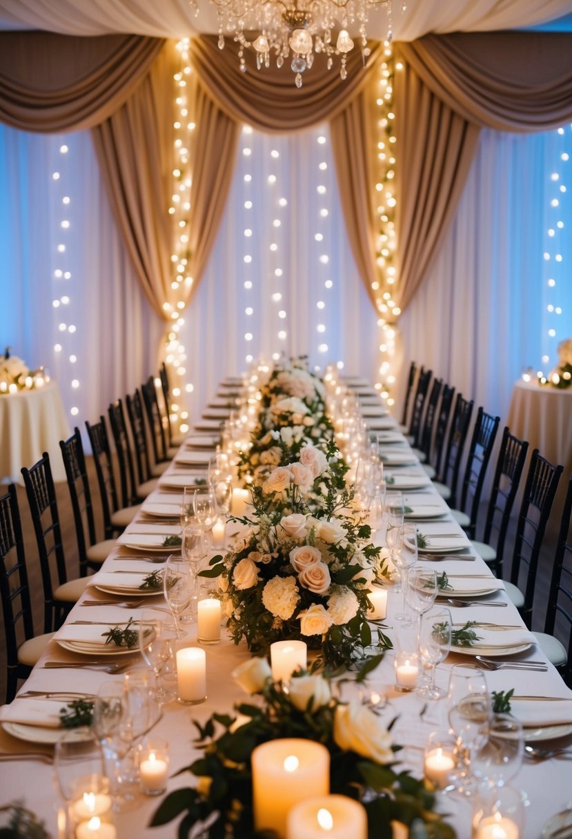 A long head table adorned with elegant floral centerpieces and soft candlelight, set against a backdrop of flowing drapery and twinkling fairy lights