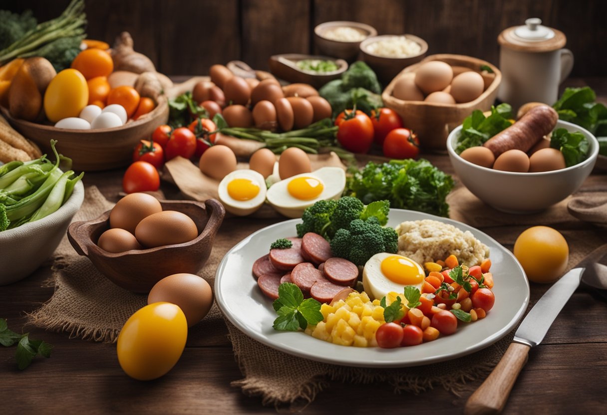 A rustic wooden table set with a colorful array of fresh farm produce, including eggs, sausage, and vegetables for a keto breakfast bowl