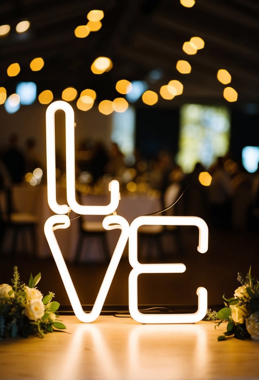 A glowing neon 'LOVE' sign against a dark background at a wedding reception