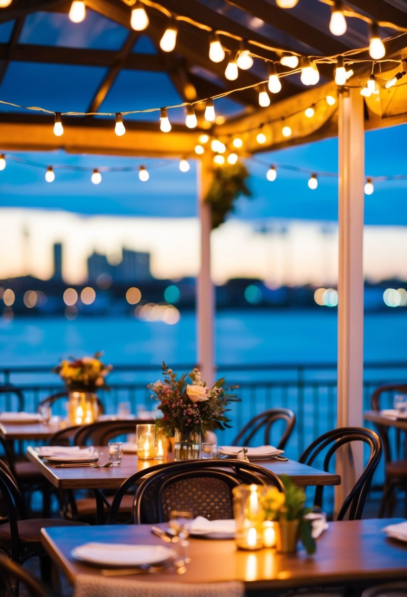 A cozy bistro with string lights, floral centerpieces, and a waterfront view