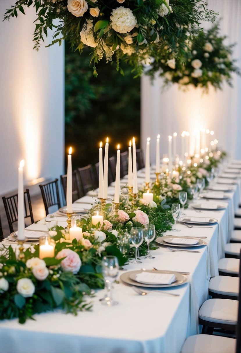 A long, white head table adorned with an elegant candlelit centerpiece, surrounded by lush greenery and delicate floral arrangements