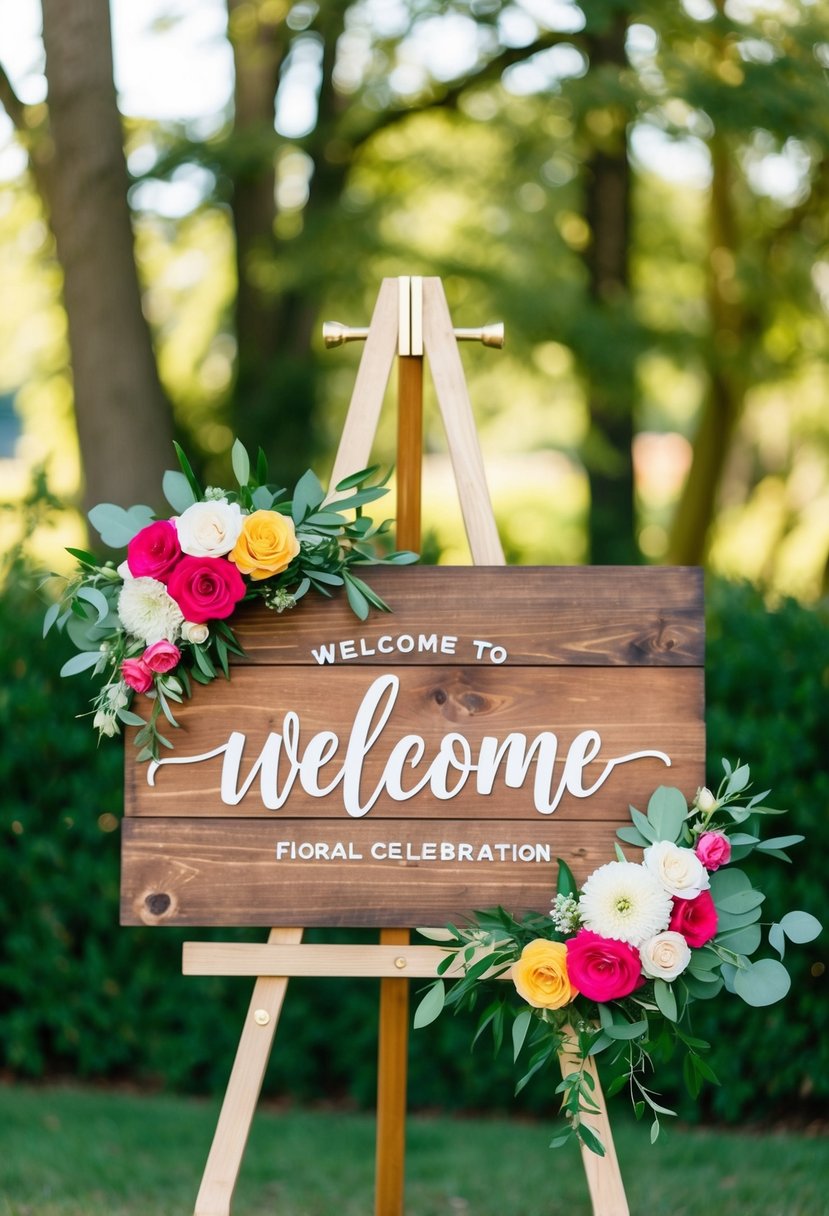 A wooden welcome sign with vibrant floral accents, perfect for a wedding celebration