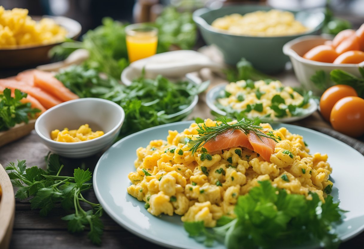 A plate of scrambled eggs with smoked salmon surrounded by fresh vegetables and herbs at a farmers market breakfast stall