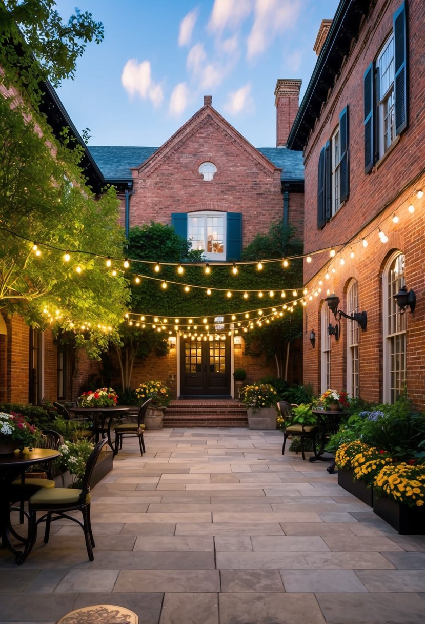 A charming outdoor courtyard with string lights and colorful flowers, surrounded by historic brick buildings and lush greenery at McMenamins Anderson School