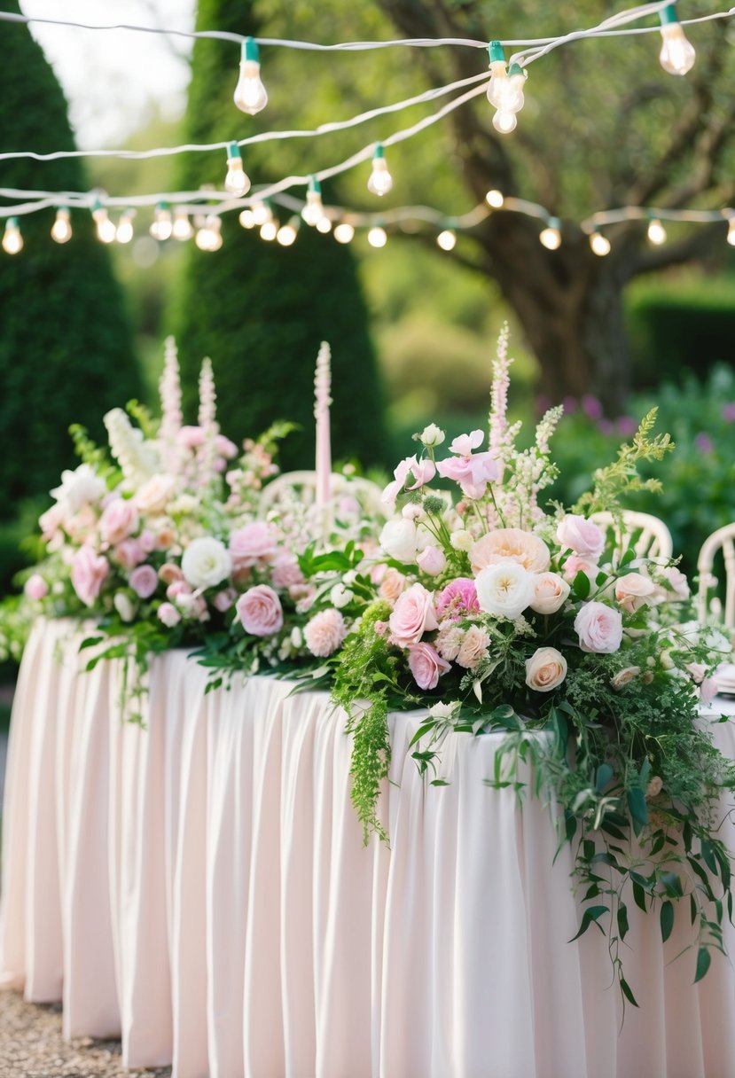 A lush, floral-covered head table with pastel blooms, greenery, and delicate fairy lights creating a romantic and whimsical spring garden vibe