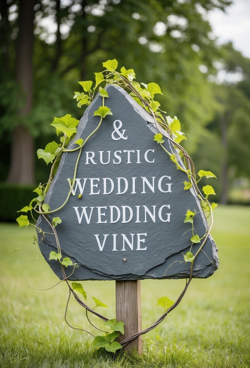 A slate rock sign overgrown with twisting vines, perfect for a rustic wedding setting