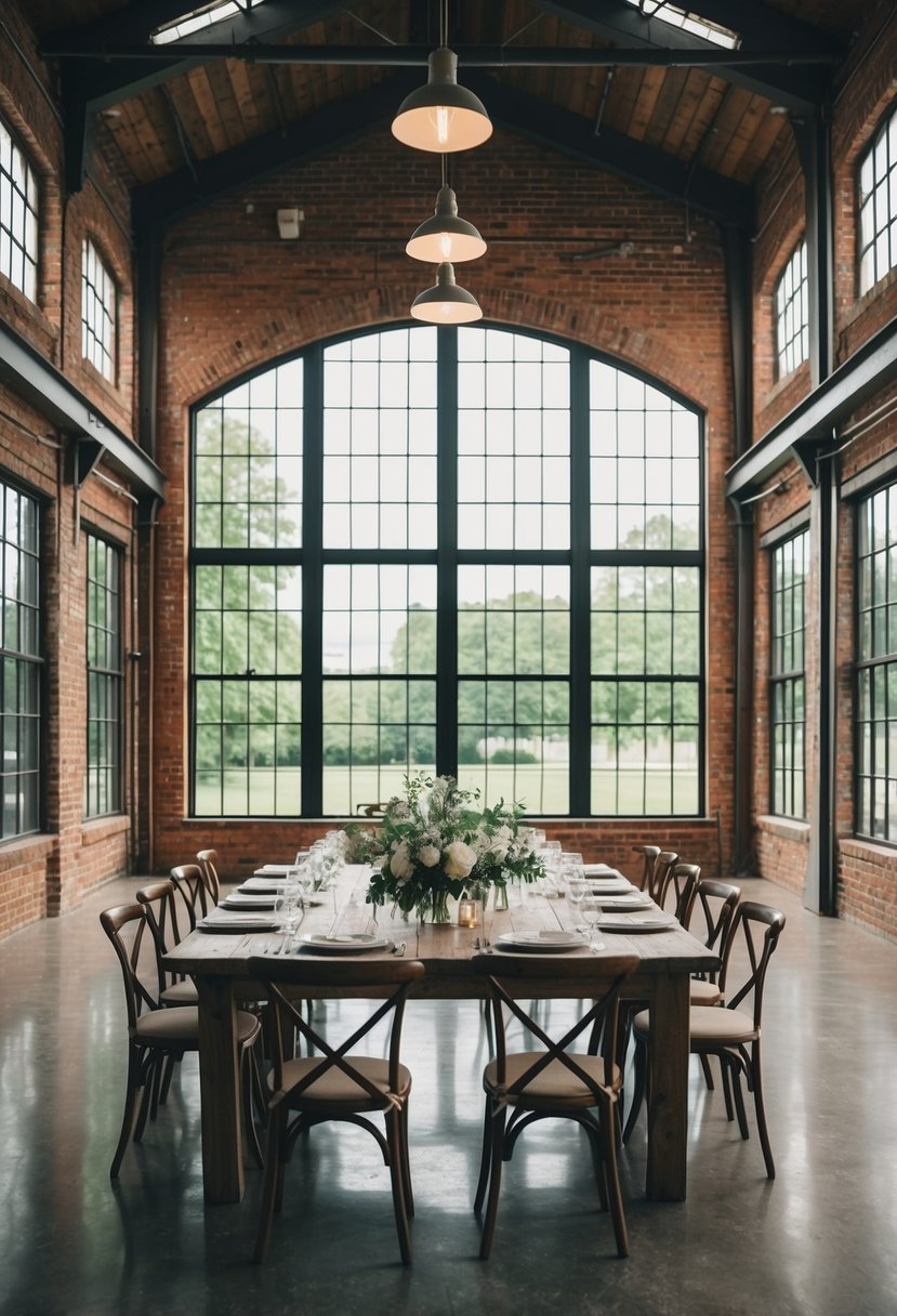 A rustic, industrial wedding venue with exposed brick, high ceilings, and large windows overlooking a lush green park