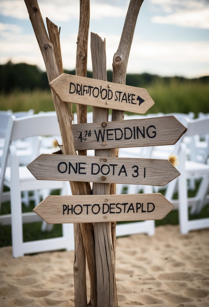 Driftwood stakes with directional signs for a wedding