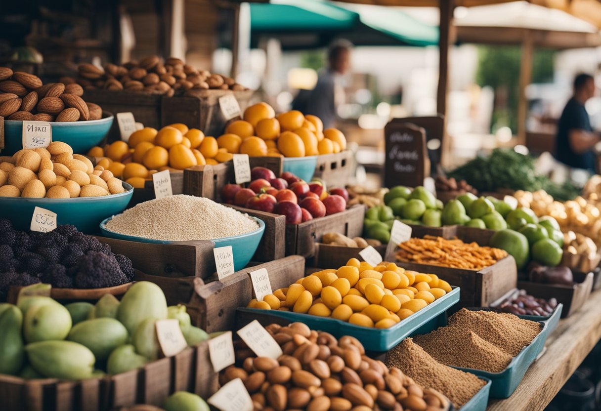 A rustic farmers market stall with a variety of fresh ingredients, including almond flour and other keto-friendly breakfast items