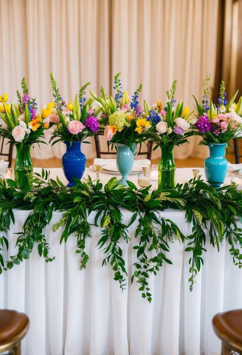 A head table adorned with vibrant spring flowers in assorted vases and a lush greenery garland draped across the front