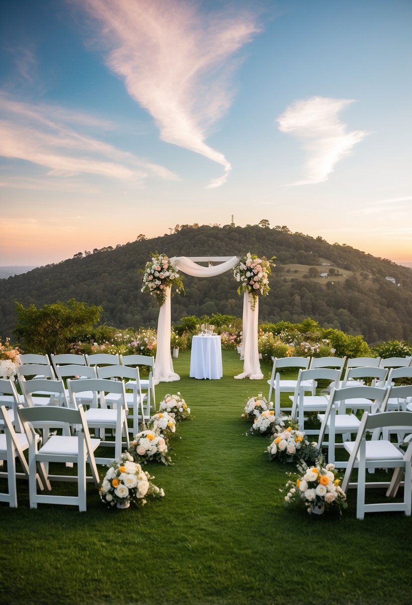 A picturesque hilltop adorned with blooming flowers and elegant white chairs arranged for a wedding ceremony at Sunset Hill Community Club