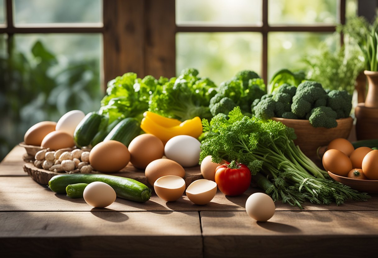 A colorful array of fresh vegetables arranged on a rustic wooden table, with eggs and herbs nearby. Sunshine streams in through a nearby window