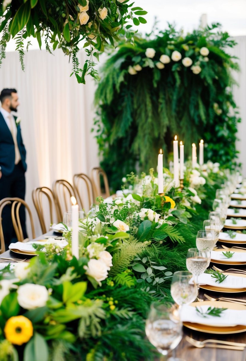 A head table adorned with vibrant greenery and foliage, creating a lush and natural ambiance for a wedding celebration