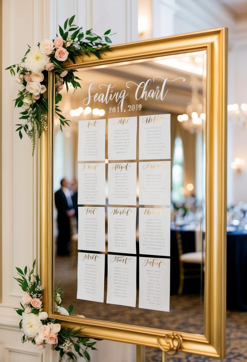 A gold-framed mirror reflects a seating chart for a wedding, adorned with elegant calligraphy and floral accents