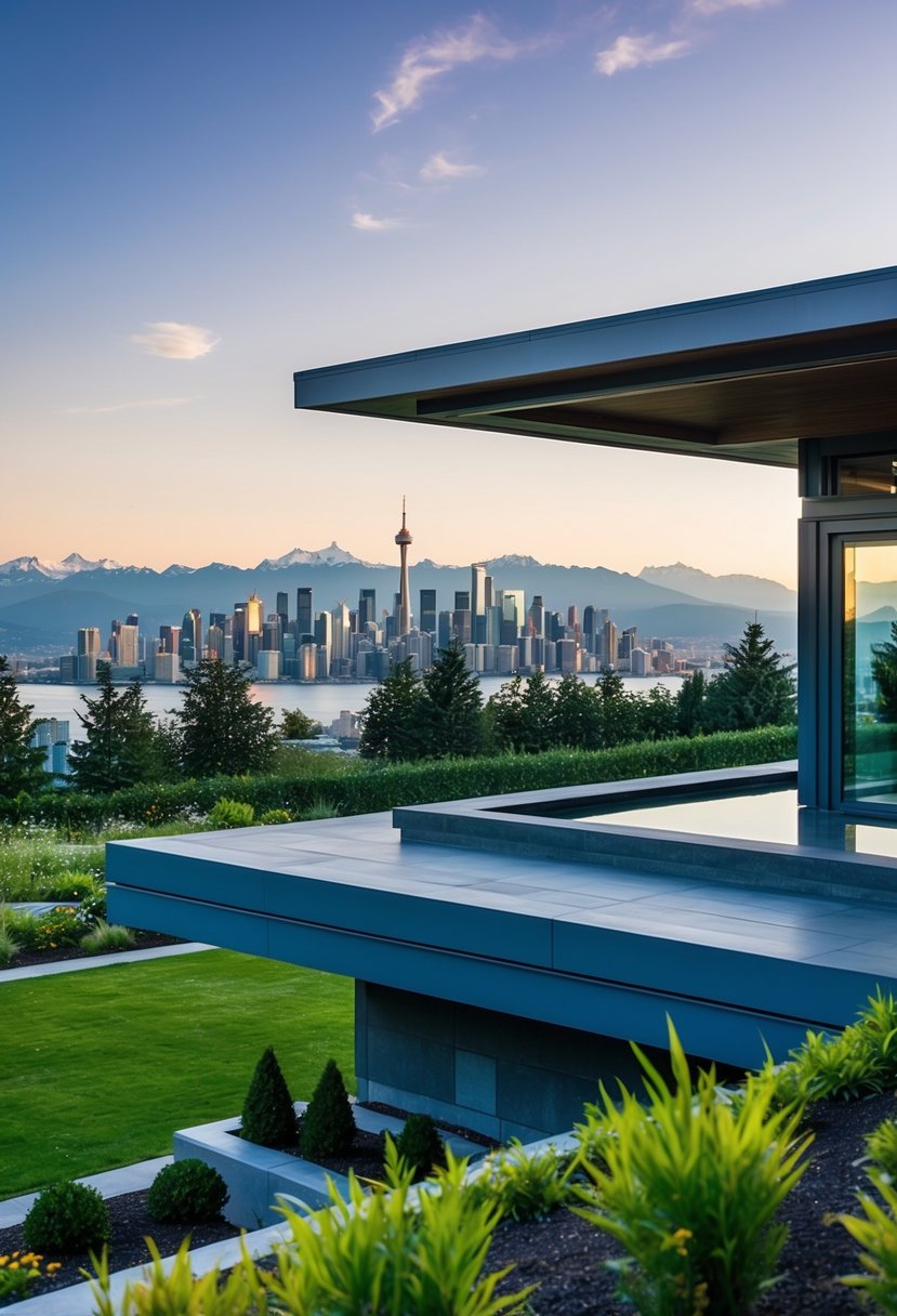 A modern pavilion overlooks a lush garden and a panoramic view of the city skyline, with the Olympic Mountains in the distance