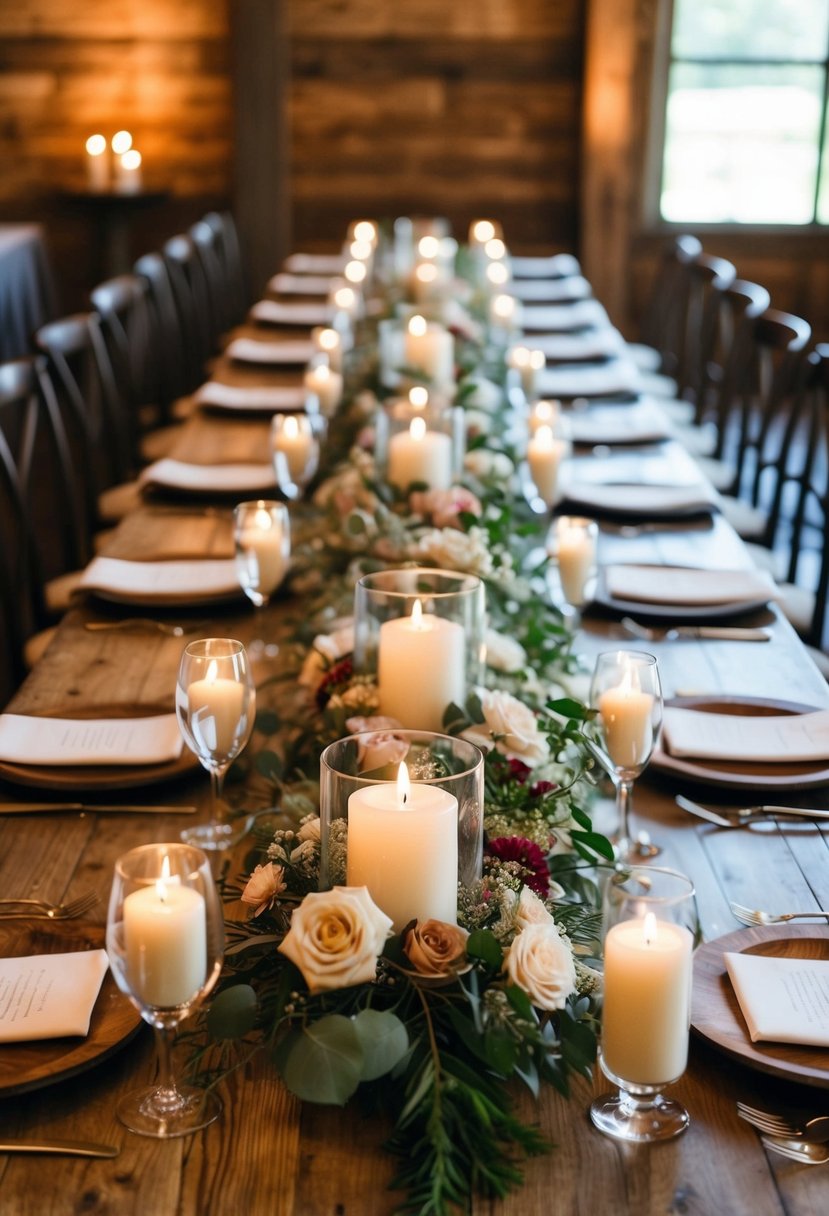 A long wooden head table adorned with rustic floral centerpieces and soft candlelight