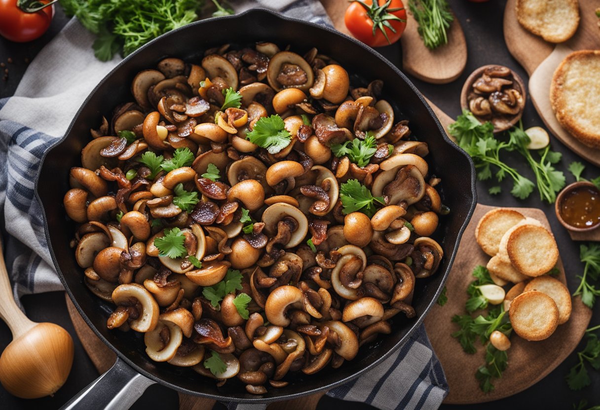 A skillet sizzling with sautéed mushrooms and crispy bacon, surrounded by fresh produce at a bustling farmers market