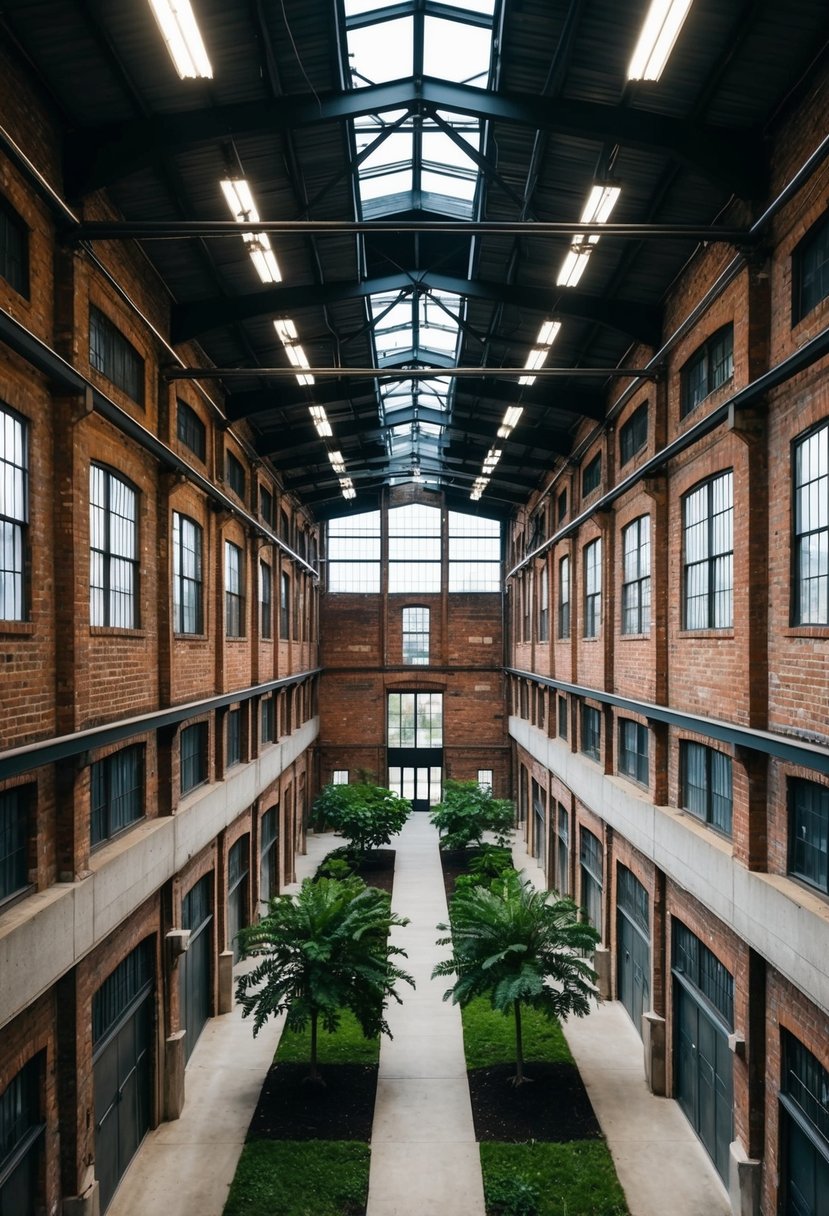 A spacious industrial-style warehouse with exposed brick walls, high ceilings, and large windows overlooking a lush outdoor courtyard