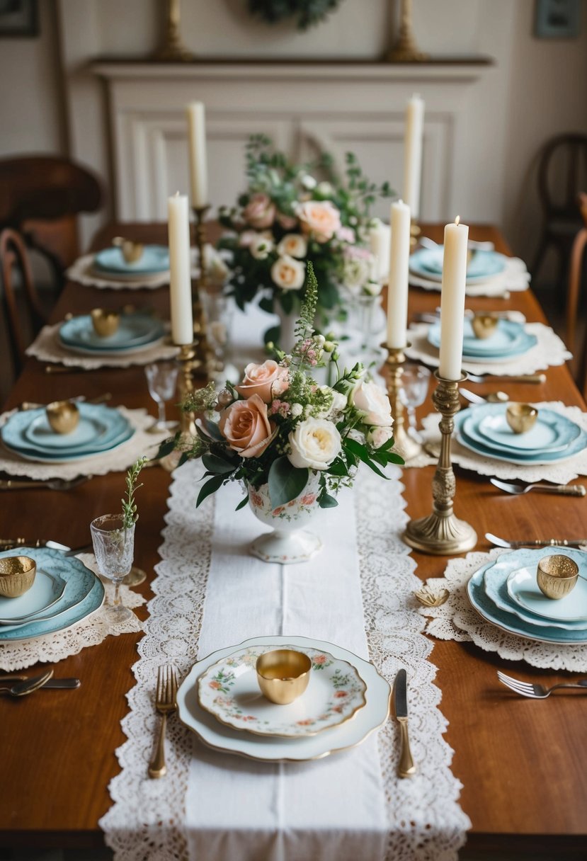 A long wooden table adorned with lace tablecloth, antique china, floral centerpieces, and vintage candlesticks in a cozy, elegant setting