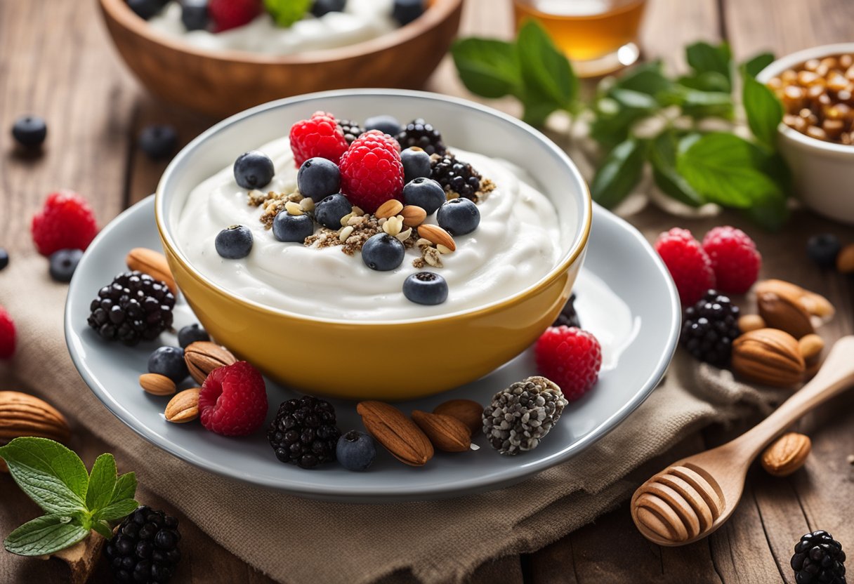 A bowl of Greek yogurt topped with chia seeds sits on a rustic wooden table surrounded by fresh berries, nuts, and a jar of honey