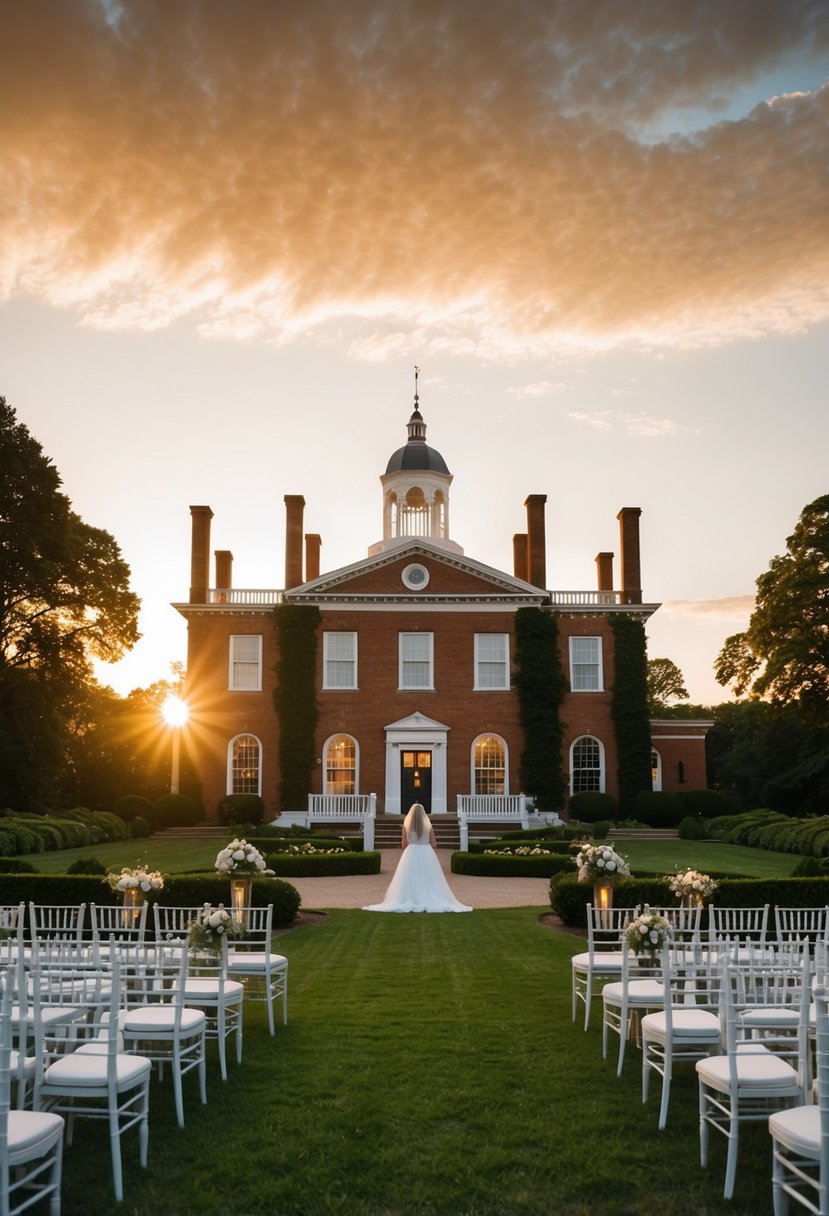 The sun sets behind the historic Kenyon Hall, casting a warm glow over the manicured gardens and elegant outdoor ceremony space