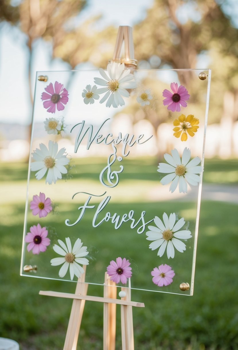 A lucite board adorned with delicate pressed flowers, serving as a unique and elegant wedding sign