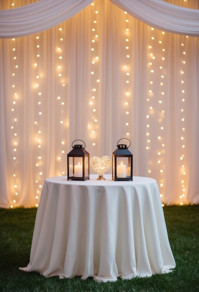 A sweetheart table adorned with lanterns, set against a backdrop of twinkling lights and draped fabric