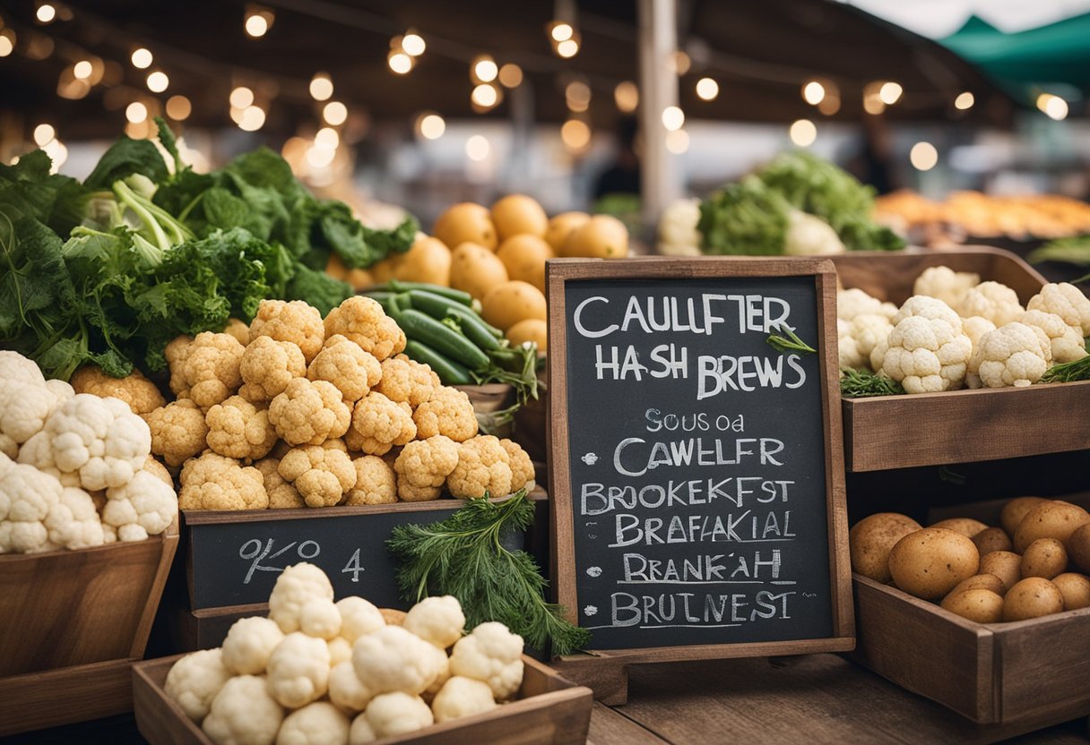 A rustic farmers market stall display with fresh cauliflower, potatoes, and herbs, alongside a sign advertising "Cauliflower Hash Browns - Keto Breakfast Ideas"