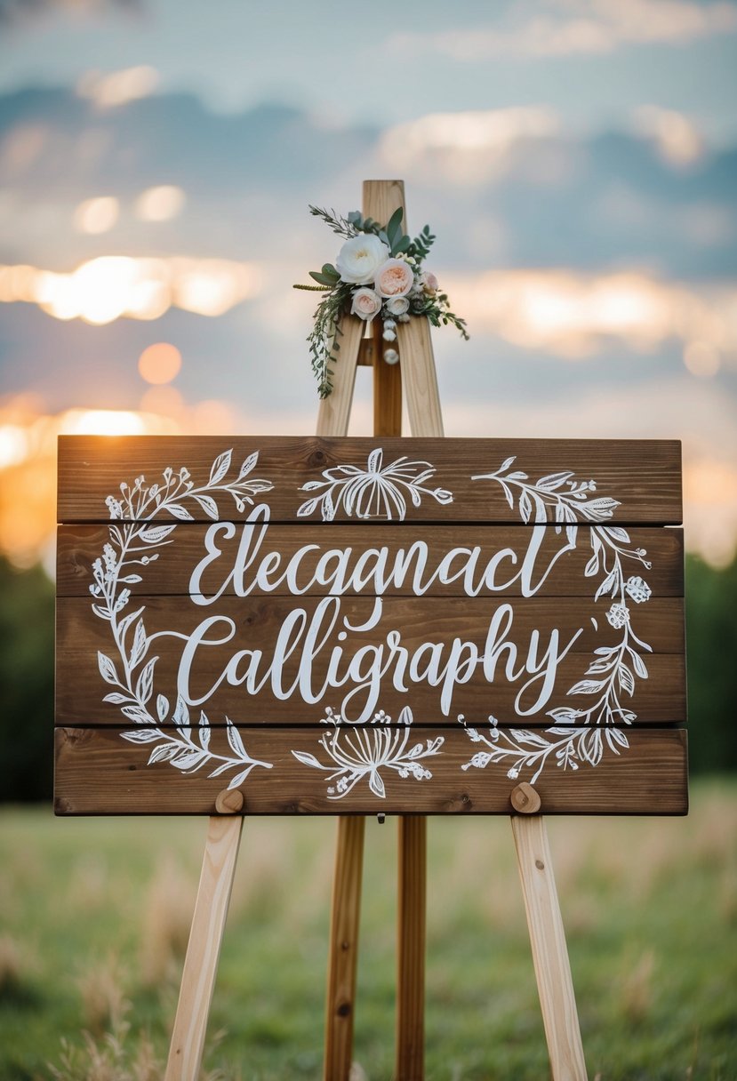 A rustic wooden sign adorned with hand-drawn floral illustrations and elegant calligraphy