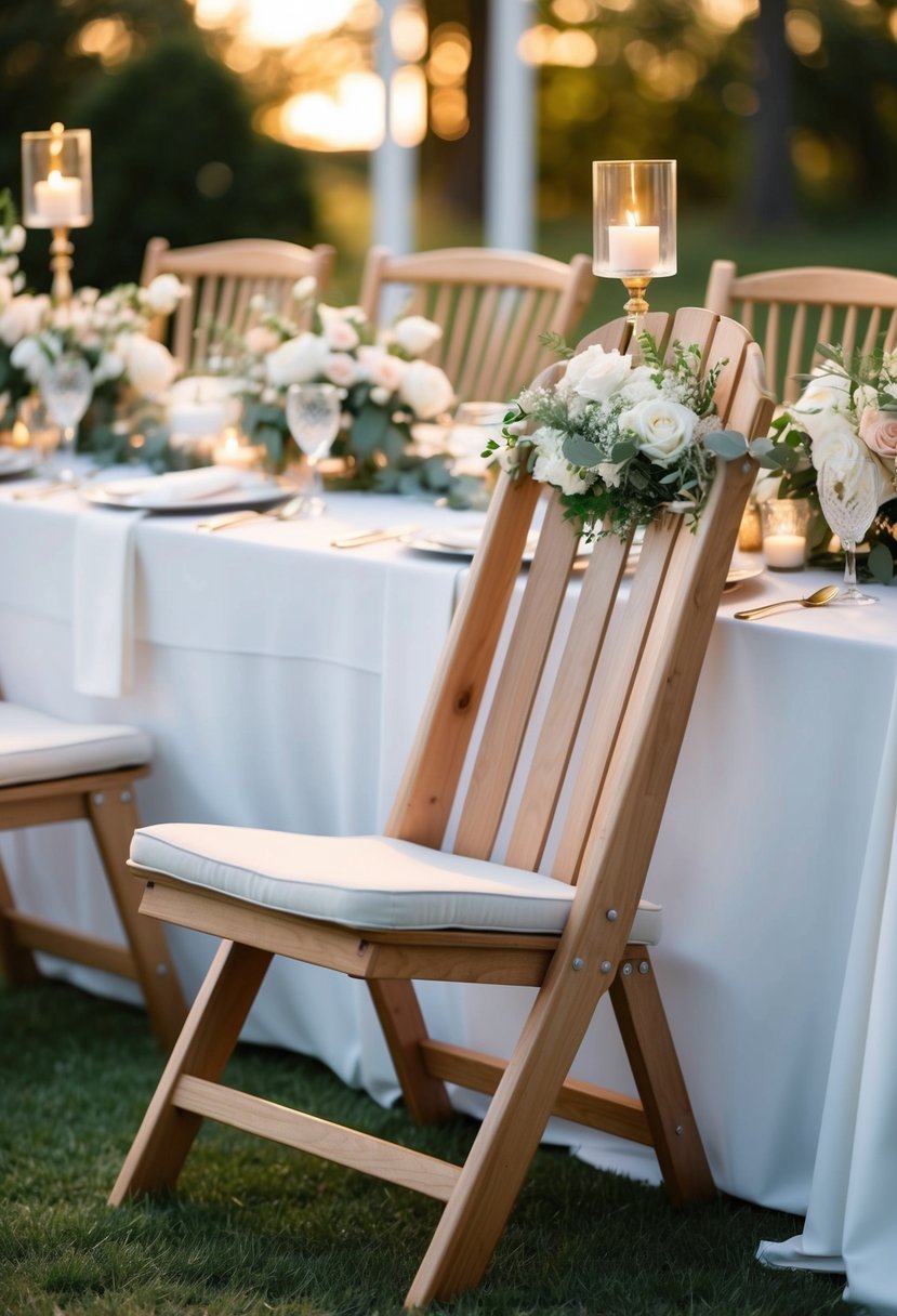 An Adirondack chair setup for a wedding head table, with elegant floral centerpieces and soft candlelight