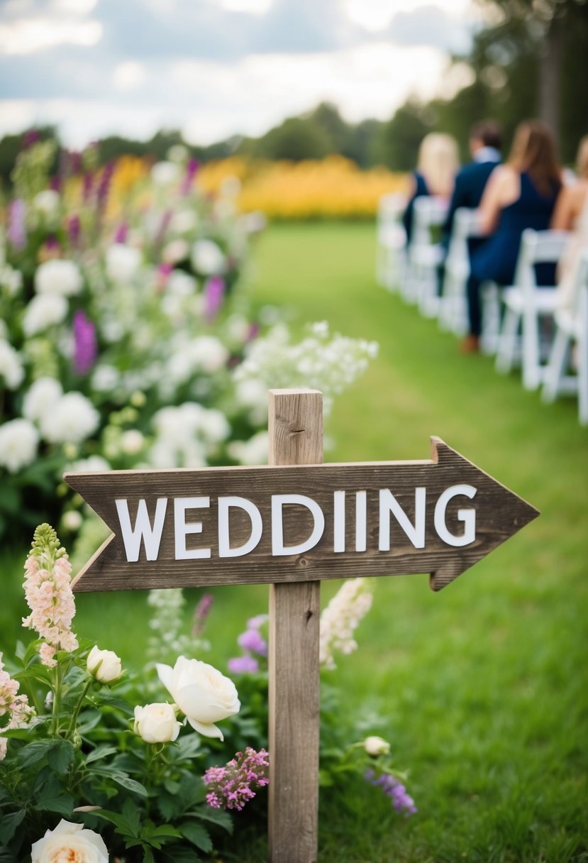 A rustic wooden arrow sign points towards a wedding venue, surrounded by blooming flowers and greenery