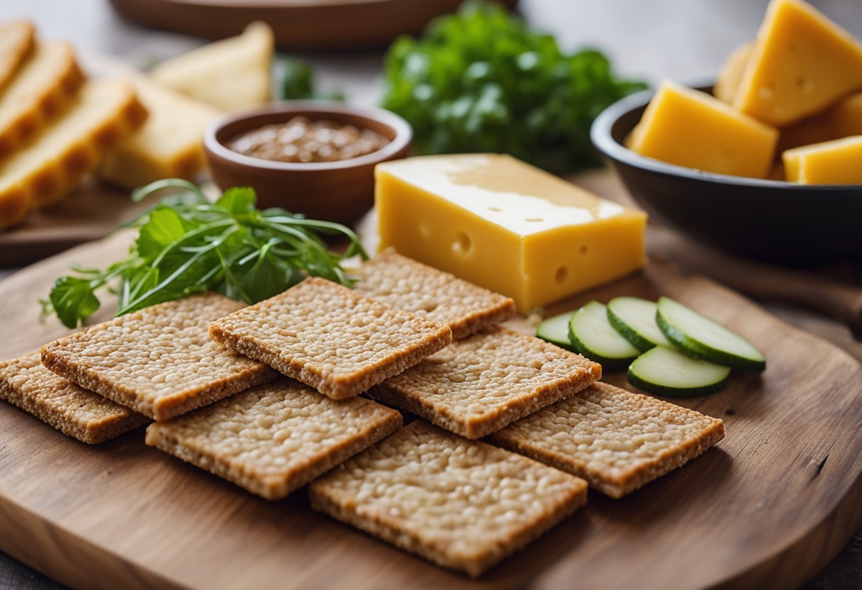 A wooden cutting board with flaxseed crackers and cheese, surrounded by fresh produce at a farmers market